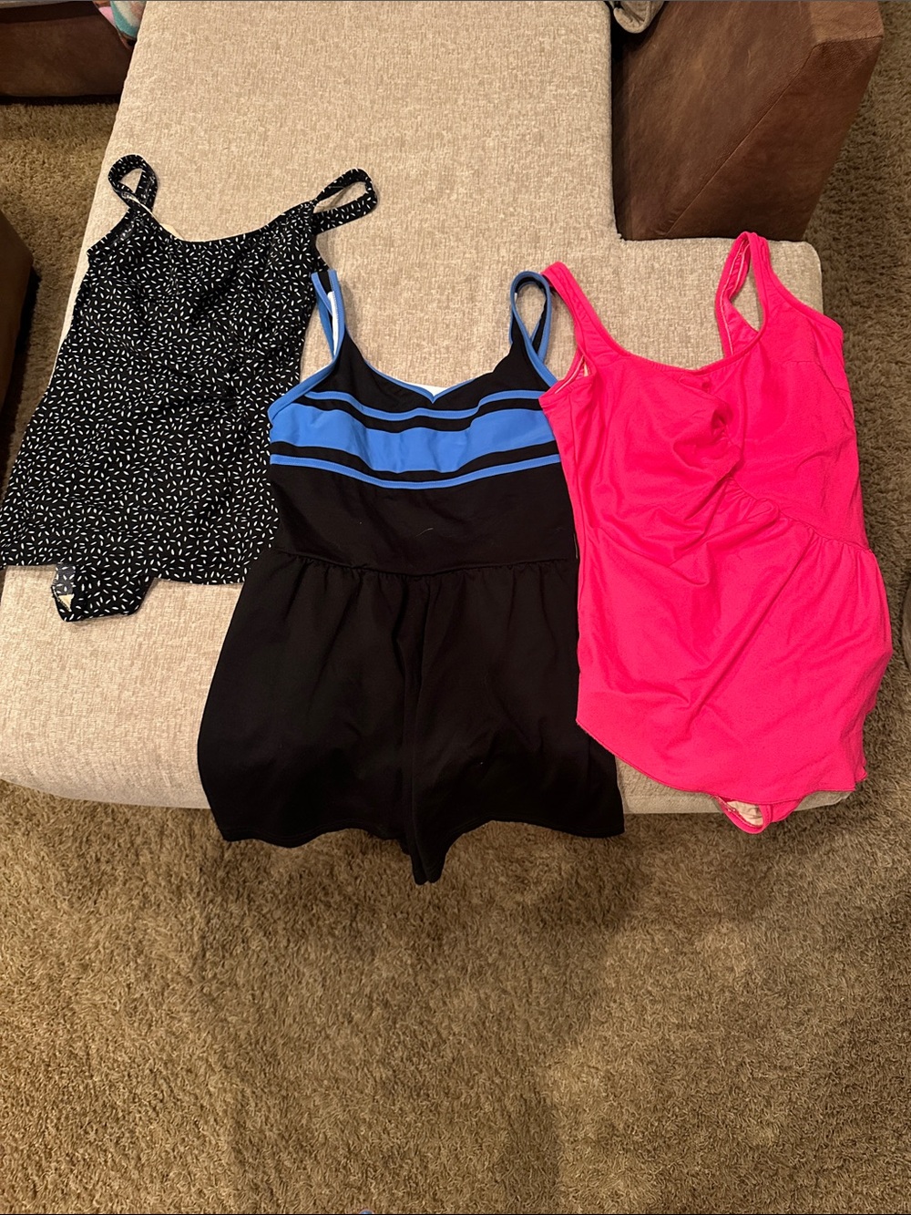 Bundle of 3 one piece swimsuits size 16. Pink, black/white polkadot and blue